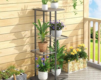 Plant Stand Shelf Indoor Outdoor Waterproof, 4-Tier 5 Potted Heavy Duty Metal Tall Flower Holder for Multiple Corner Display