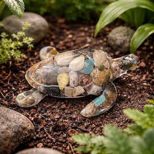 Resin Turtle Figurine with Natural Stones, Beach Decor, Coastal Ornament