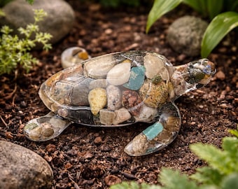 Resin Turtle Figurine with Natural Stones, Beach Decor, Coastal Ornament