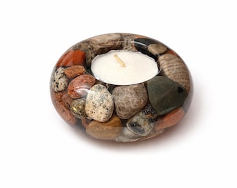 Tea Light Candle Holder with Petoskey & Charlevoix Rocks, Michigan Stones