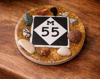 M-55 Resin Coaster with Lake Stones | Michigan Keepsake