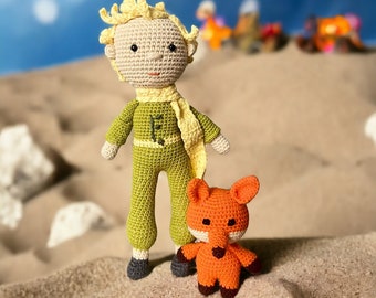 Handmade Little Prince Amigurumi Doll with Fox, Storybook Decor