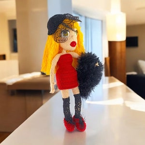 Handmade Amigurumi Doll for Collectors, 35cm Crochet Blonde Doll in Red Dress, Unique Handmade Gift, Art Doll for Adults, Home Decor Accent