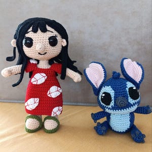 Handmade Lilo and Stitch Inspired Amigurumi Crochet Toys, Cute Movie Character Dolls, Gift for Kids Lilo 8 inc Stitch 6 inc