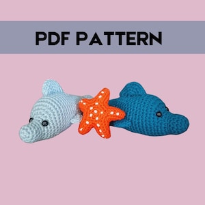 May include: PDF pattern for crocheting a blue and gray dolphin and a red starfish.