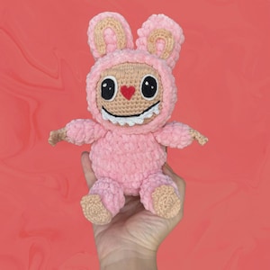 Handmade Pink Labubu Plush Amigurumi Toy, Cute Crochet Labubu Doll, Soft Bunny Outfit Stuffed Animal Gift, Kawaii Toy for Collectors
