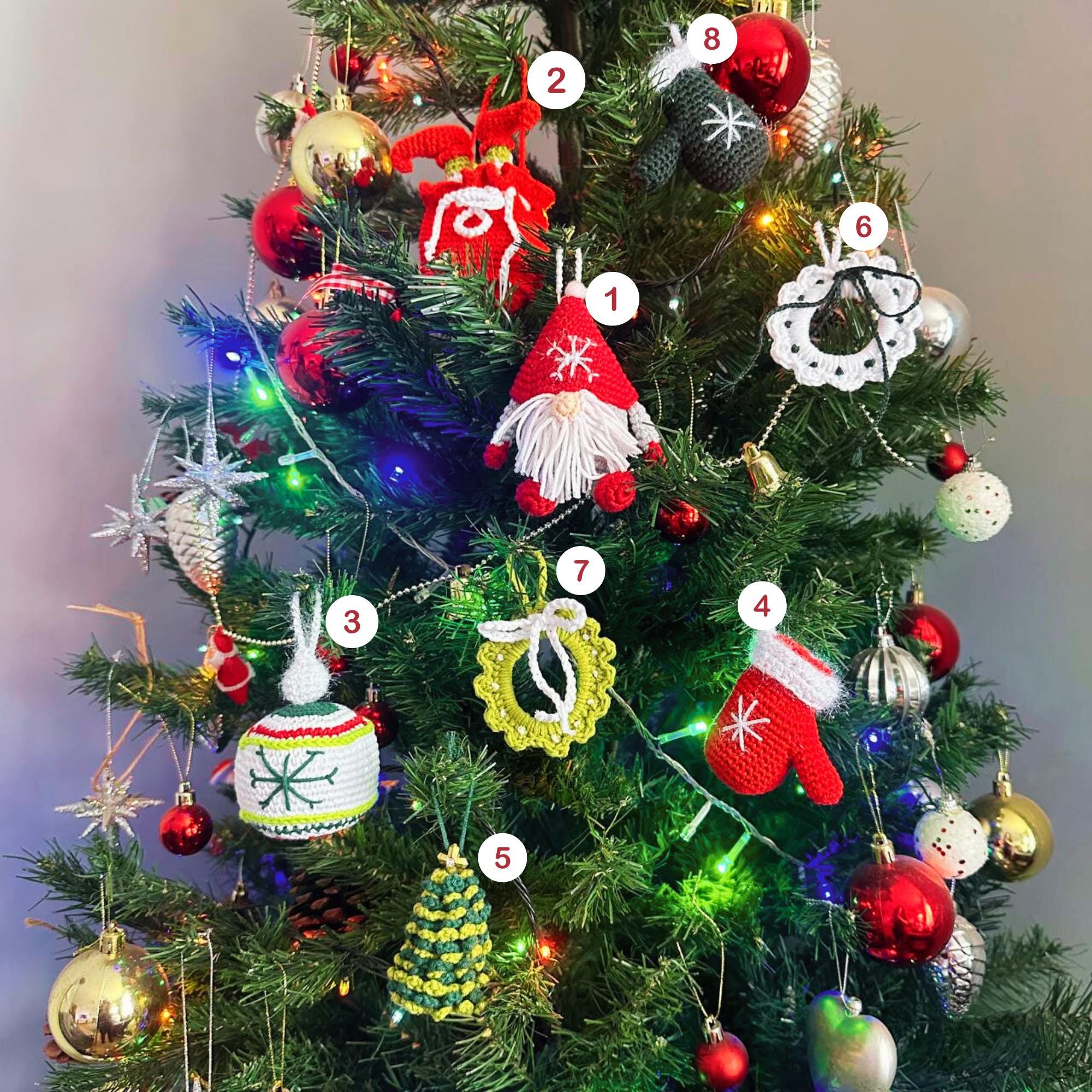 手編みかぎ針編みクリスマスオーナメントセット – カスタマイズ可能な8