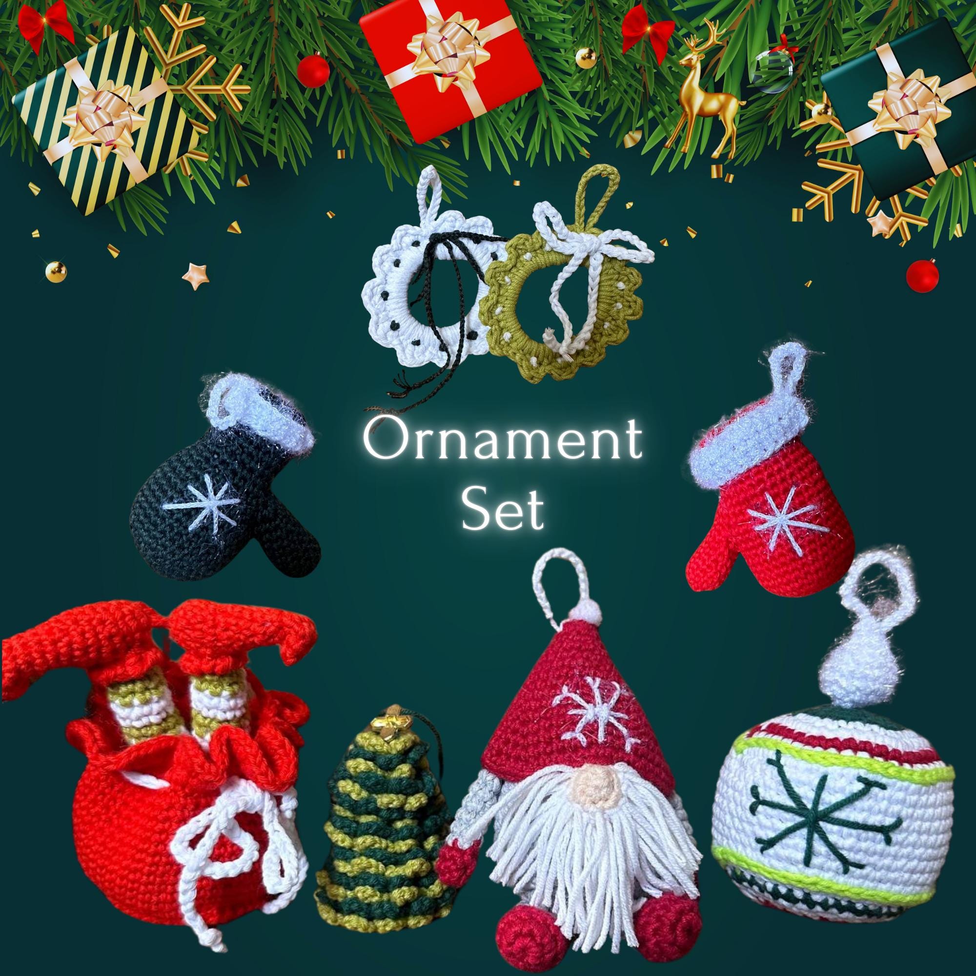 かぎ針編みクリスマスオーナメント8個セット 手編みかぎ針編みクリスマスオーナメントセット – カスタマイズ可能な8