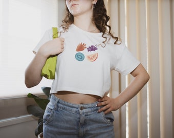 Fruity Print Crop Tee for Ladies Cropped T-Shirt with Y2K Print Womens Cropped Tee Graphic Tee Gift for her Vintage Print Crop Top Baby Tee