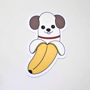 Banana Dog Sticker, Handmade Vinyl Decal, Cute Dog Art, Cartoon Food Design, Dog Lovers Gift, Cute Laptop Decor, Gift for Her, Fruit Sticker