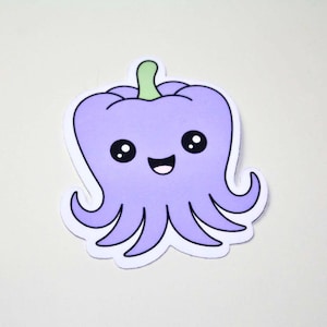 Sticker paarse octopus, sticker cartoon paprika, leuk cadeau voor kinderen en tieners, laptop- en waterflesdecor, unieke sticker fruitdier