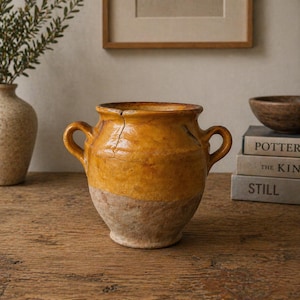 Vintage glaserad terrakottakruka med handtag – Rustik fransk lantlig keramikvas Wabi Sabi Decor