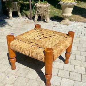 Rare wooden and rope stool by Audoux-Minet, mid-20th century