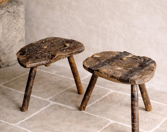 Pair of Rustic Hand-Carved Wooden Stools – Wabi-Sabi & Primitive Decor