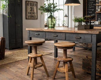 Vintage Adjustable Wooden Workshop Stools – Industrial Screw Stools – Pair – Rustic Decor – French Vintage