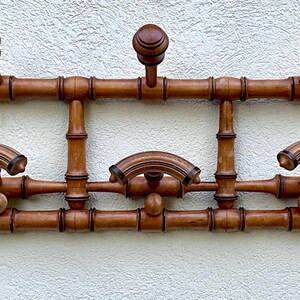 Antique French Faux Bamboo Wall Coat Rack – Turned Wood Peg Rack – Late 19th Century – Rustic Entryway Decor