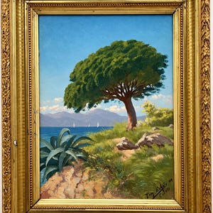 Antique French Riviera Oil Painting – Cannes La Bocca, Estérel Mountains – Signed Tom Evans 1909 – Framed Mediterranean Landscape