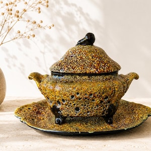 Large French Ceramic Tureen & Platter by Emaux des Dunes | Handmade Studio Pottery | OOAK Mid Century Brutalist Serving Dish