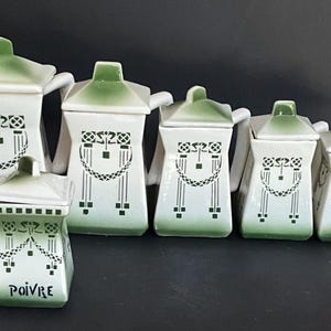 Antique Chauvigny Faience Kitchen Canister Set, French Art Nouveau Kitchen Jars, Complete 6 Piece Ceramic Spice Set, Green Decor
