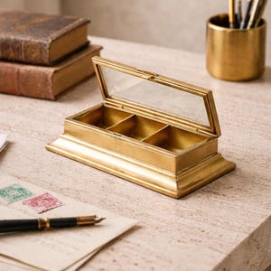 Vintage Art Deco-stämpelask i mässing med glaslock – Fransk skrivbordsorganisatör från 1930-talet – Liten förvaringsask för prydnadssaker