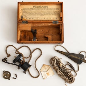 Op de afbeelding: Een vintage Walker's Excelsior IV Patent Log-set in een houten kist met een gedrukt instructielabel. Bevat een zwarte metalen haspel met touw, een messingkleurig, torpedovormig log met vinnen, een opgerold touw en een papieren envelop.