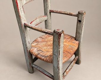 Antique French Child's Armchair, Original Red & Gray Paint, Rustic Folk Art Chair, Woven Seat