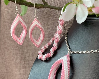 Boho Wedding Beaded Jewelry Set – Pink & White Necklace Earrings Bracelet – Handmade Bridal Party Gift