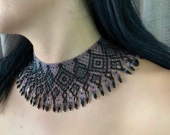 Handmade Gothic Lace Choker: Black & Dark Silver Beaded Necklace