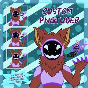 Puede incluir: Ilustración digital de un personaje PNGTuber personalizado en marrón y morado. El personaje tiene una cara estilizada con una pantalla digital y sostiene un accesorio morado. Incluye el texto "CUSTOM PNGTUBER".