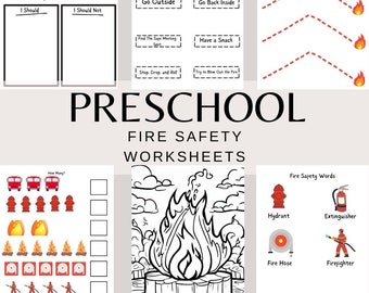 May include: A collection of preschool fire safety worksheets. The worksheets include activities like matching actions, counting fire-related objects, and coloring a fire scene. The text includes "What Should I Do?" and "Fire Safety Words."