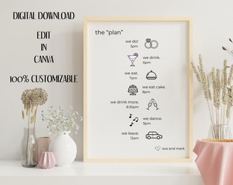 Plantilla de orden de eventos de boda, línea de tiempo de boda, cartel de orden de eventos de boda, plantilla de signo de línea de tiempo de boda, itinerario de boda