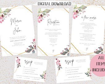 Wedding Invitation Template, Wedding Invite Template, Wedding Invitation Set, Floral Wedding Invitation, Canva Templates, Digital Download