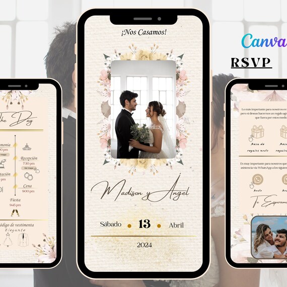 Invitación de boda digital, Invitación de boda electrónica, Invitación de boda interactiva, Invitación RSVP, Plantilla Canva personalizable