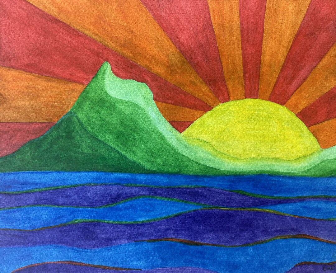 Original Sunrise Watercolor Painting: Colorful 8x10
