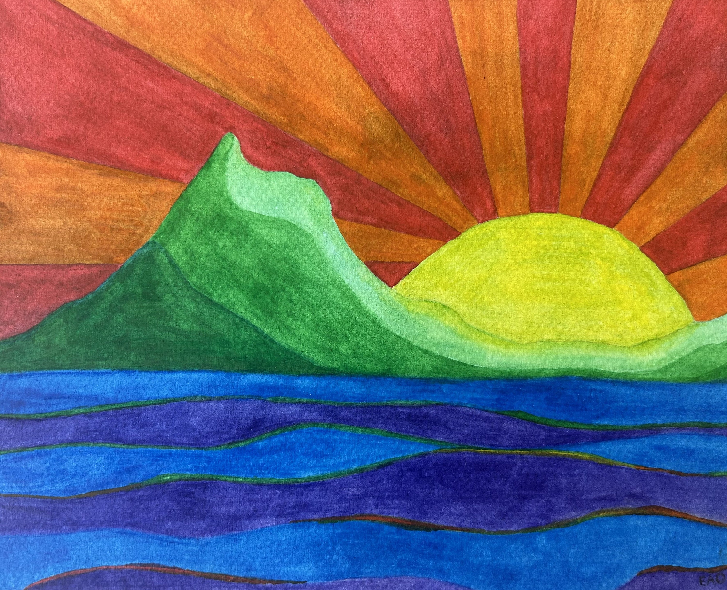 Original Sunrise Watercolor Painting: Colorful 8x10
