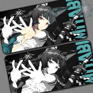 May include: A black and white illustration of a woman with long black hair and a cat-like tail. She is wearing a white shirt and black pants. She is holding a katana sword in her right hand. The background is a dark blue with the text "MITABI" in white.