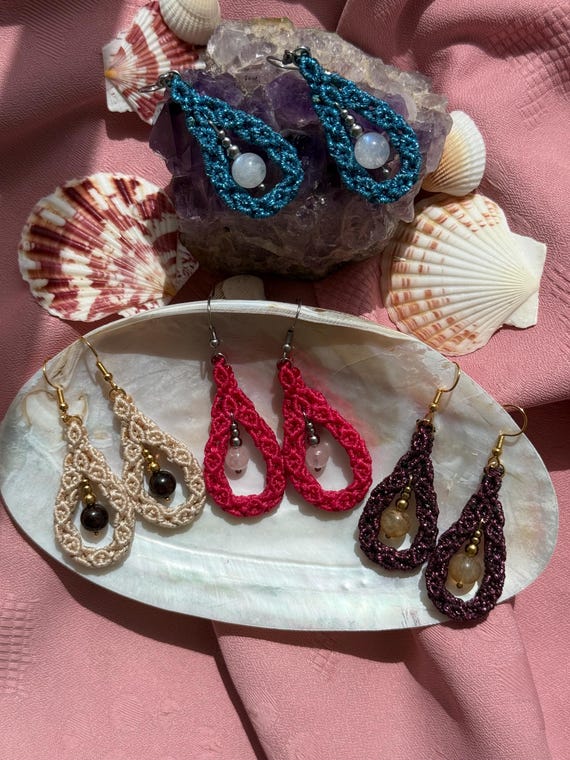 Drop Design Earrings: Gemstone, Steel Hooks, Handmade Macrame