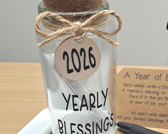 Gratitude Jar with Cork Lid, Family Keepsake, Weekly Blessings (2026), Generic or Personalized Available