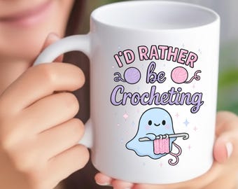 Cute Ghost Crocheting Coffee Mug, Spooky Season Yarn Lover Gift, Crochet Crafter Tea Cup, Pastel Halloween Mug, 11oz 15oz Ceramic Mug