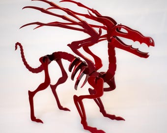 Metal Skeletal Dragon | Dragon Sculpture | 3D Dragon Art | Mythical | Mythology | Fantasy | D&D | Halloween Decoration | Yard Art | Desk Pet