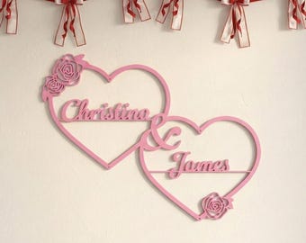 Personalized Couple Valentines Gift | Double Heart & Rose Valentines Day Sign | Valentines Day Gift | Wedding Monogram | Heart Sign