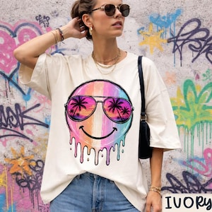 Comfort Colors®-zomershirt, Summer Vibes schattig blij gezicht-shirt, retro strand-T-shirt, pastelkleurige drip-shirt, tropische zonnebril vakantieshirt