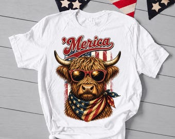 Patriotic Highland Cow Shirt, Farm animal shirt, American Flag Highland Cow Shirt, Funny 4th of July Cow Shirt Western Patriotic Graphic Tee