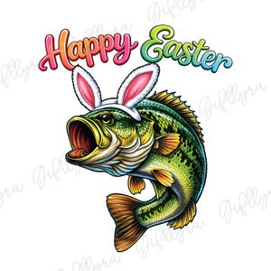 May include: A colorful illustration of a largemouth bass wearing bunny ears. The fish has a green and yellow body with orange fins and an open mouth. The words "Happy Easter" are written above the fish in a rainbow gradient.