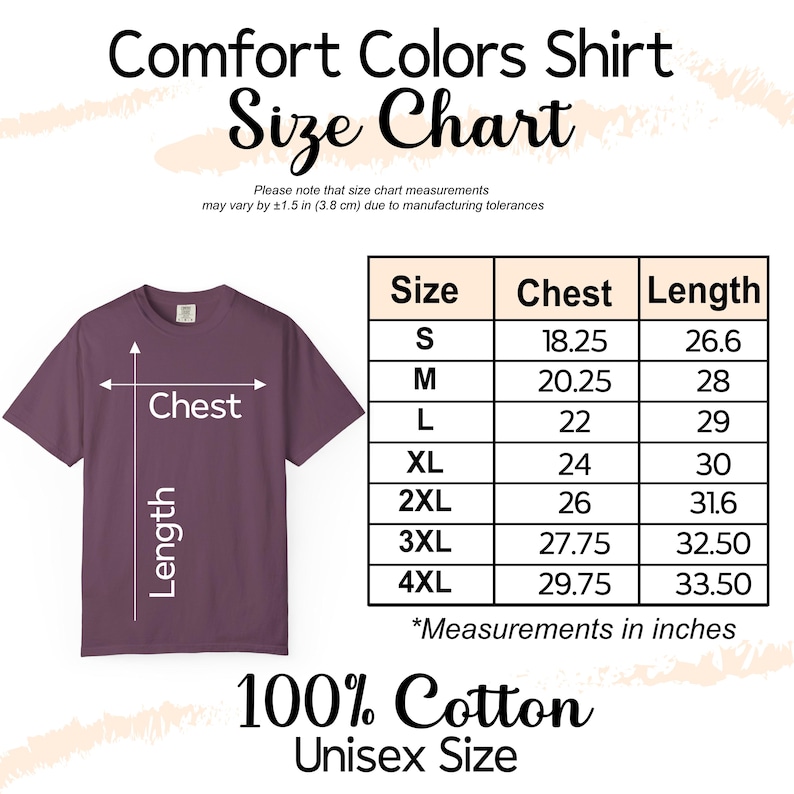 Op de afbeelding: Een Comfort Colors maattabel voor t-shirts met een paars t-shirt en meetlijnen voor borst en lengte. Een tabel toont de maten S tot 4XL met afmetingen in inches. De tekst vermeldt 100% Cotton Unisex Size.