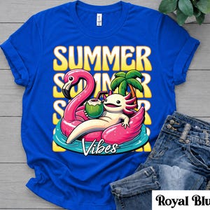 Zomer Axolotl-shirt, Summer Vibes-T-shirt, schattig Axolotl Flamingo Float-shirt, grappig zomershirt zeedieren, strandvakantie-shirt voor kinderen