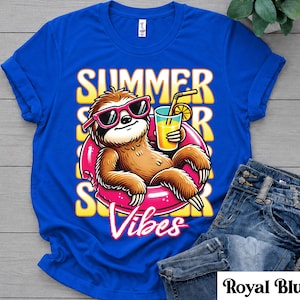 Zomershirt luiaard, Summer Vibes-T-shirt, schattig luiaardzwembadshirt, shirt strandvakantie, grafisch shirt tropische zomer, cadeau luiaardliefhebber