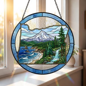 Oregon State Map Buntglas Suncatcher, Oregon Berglandschaft Fensterbehang, Pazifikküste Aurora Suncatcher Geschenk, Naturdekor