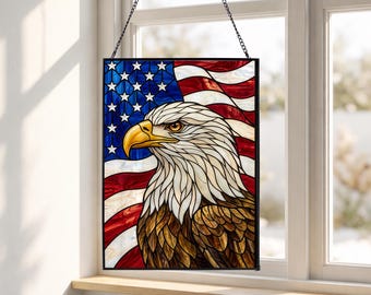 American Flag Eagle Stained Glass Suncatcher, Patriotic Bald Eagle Window Hanging, USA Flag Sun Catcher, Fourth of July Home Decor Gift