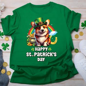 St Patrick's Day Corgi-tröja, lycklig hund-leprechaun-hatt-t-shirt, irländsk valp-regnbåge med kruka av guld, Corgi-mamma-present, St Patrick's Day-tröja